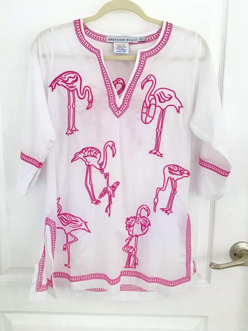 NEW Gretchen Scott Designs Tunic/CoverUp Embroidered Flamingos, SzXS